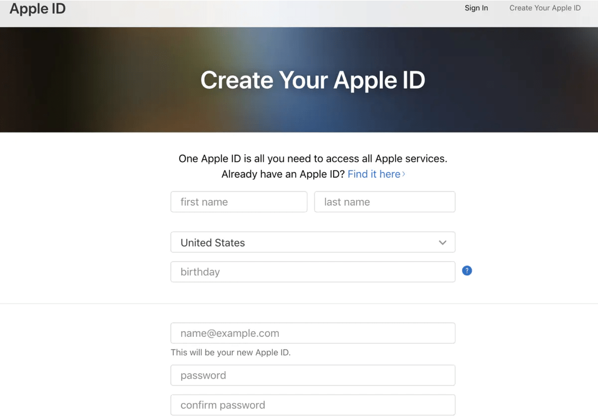 苹果ID的注册界面
